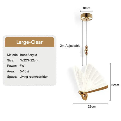 Gold-toned decorbites butterfly led pendant light with clear acrylic blade and iron frame for bedroom and dining room decor