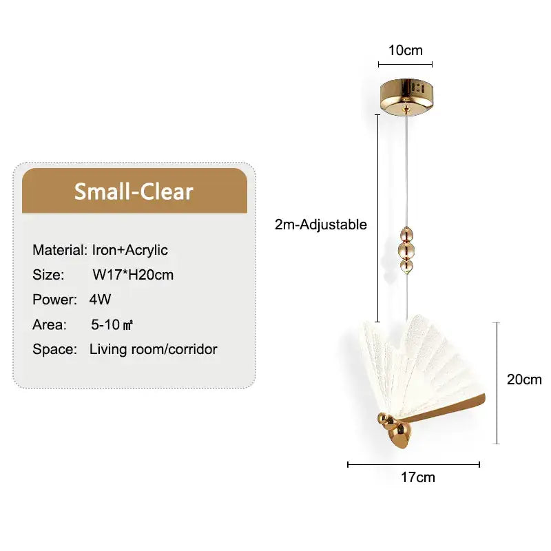 Gold-toned decorbites butterfly led pendant light with clear acrylic blade and iron frame for bedroom and dining room decor