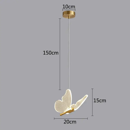 Golden butterfly led pendant light with gold-toned butterfly design and translucent wings for kitchen and dining room