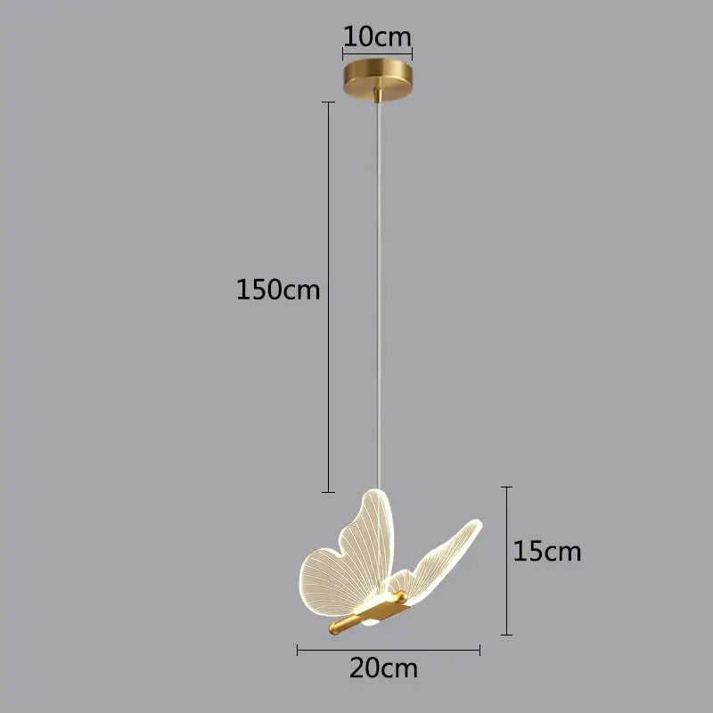 Golden butterfly led pendant light with gold-toned butterfly design and translucent wings for kitchen and dining room