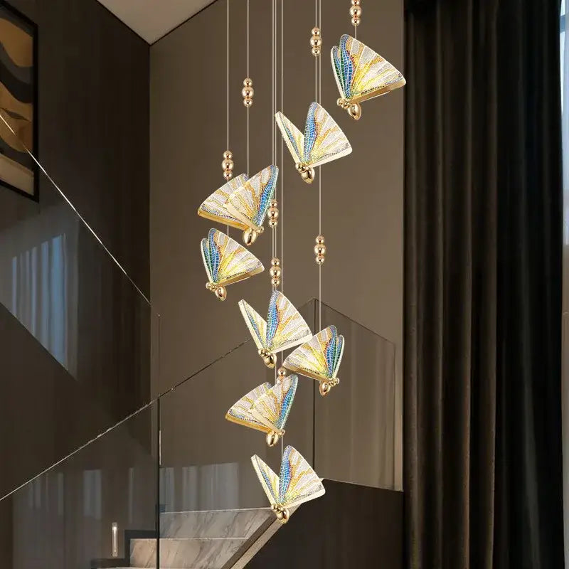 Golden butterfly led pendant light modern pendant chandelier with seven blue and gold butterfly-shaped led pendant lights