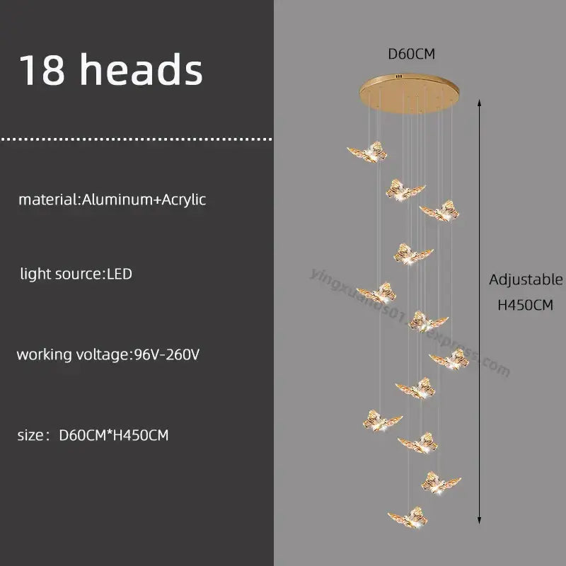 Gold-toned butterfly chandelier pendant light with 18 led heads on aluminum acrylic mount for staircase living room