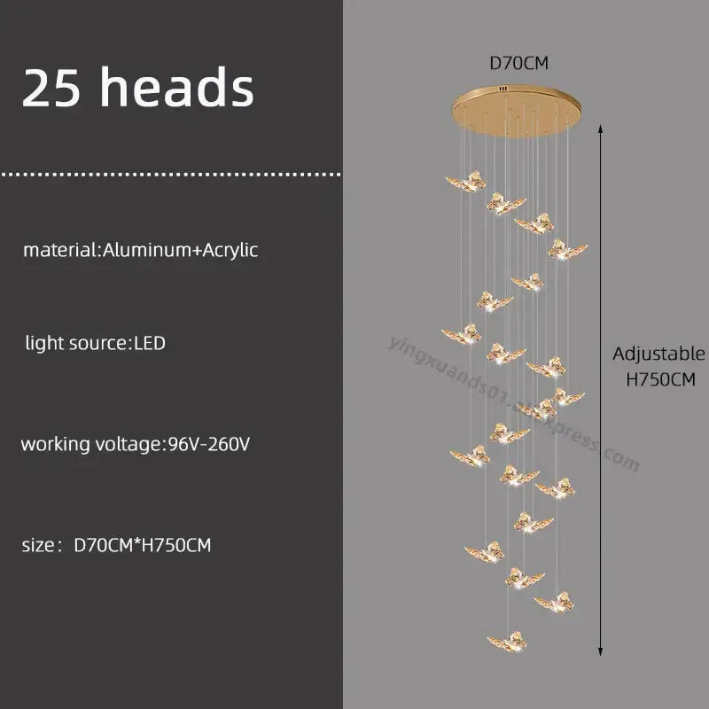 Gold-toned butterfly chandelier pendant light with 25 led heads suspended from aluminum and acrylic mount for staircase