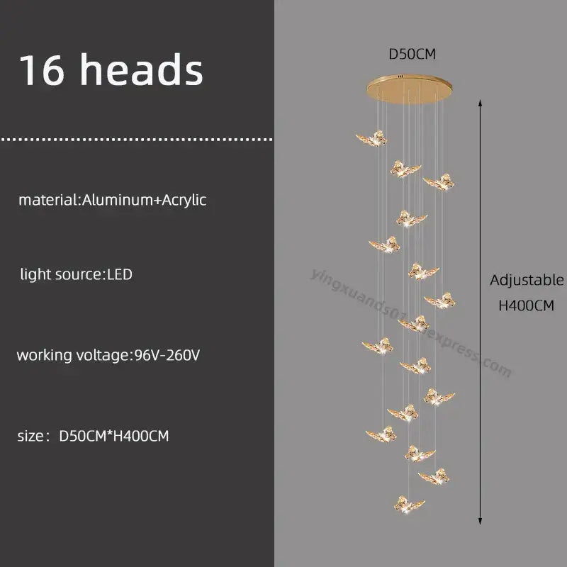Gold-toned bird-shaped pendant light butterfly chandelier staircase with 16 led lights made from aluminum and acrylic