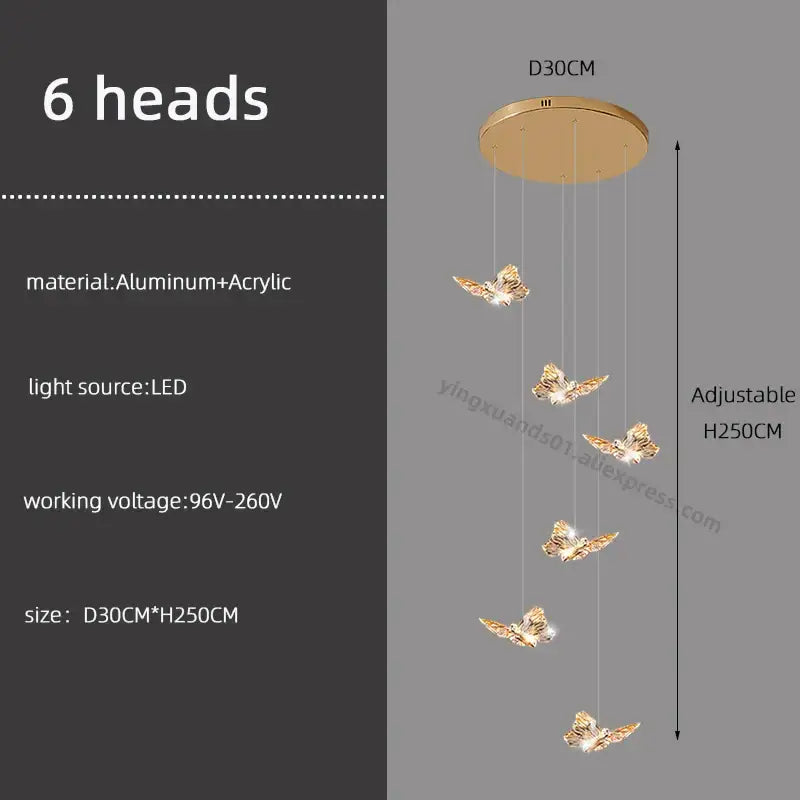 Gold-toned butterfly chandelier staircase pendant light with six led heads suspended from aluminum acrylic mount