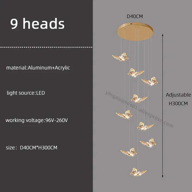 Gold-toned butterfly chandelier pendant light with nine illuminated heads hanging from aluminum base for staircase