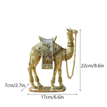 Golden camel resin sculpture with intricate silver gold detailing and decorative palm tree saddle by decorbites golden camel