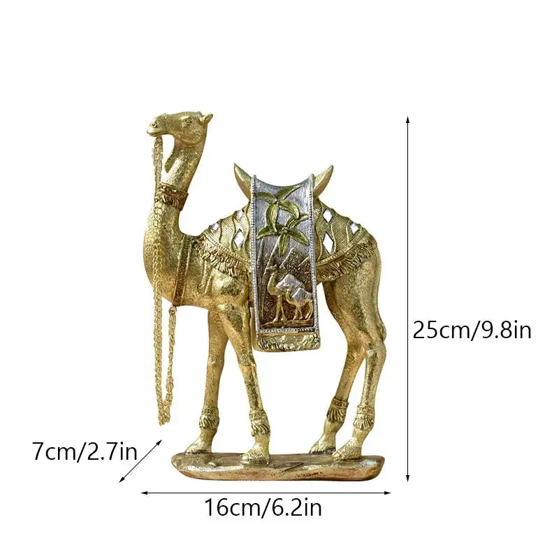Golden camel resin sculpture with intricate detailing and embossed palm tree saddle by decorbites golden camel decor