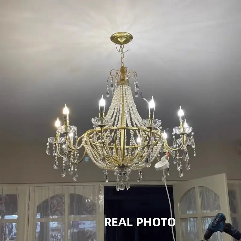 Gold-toned crystal led chandelier pendant with intricate droplets and beads for villa stairs decorbites crystal led lighting