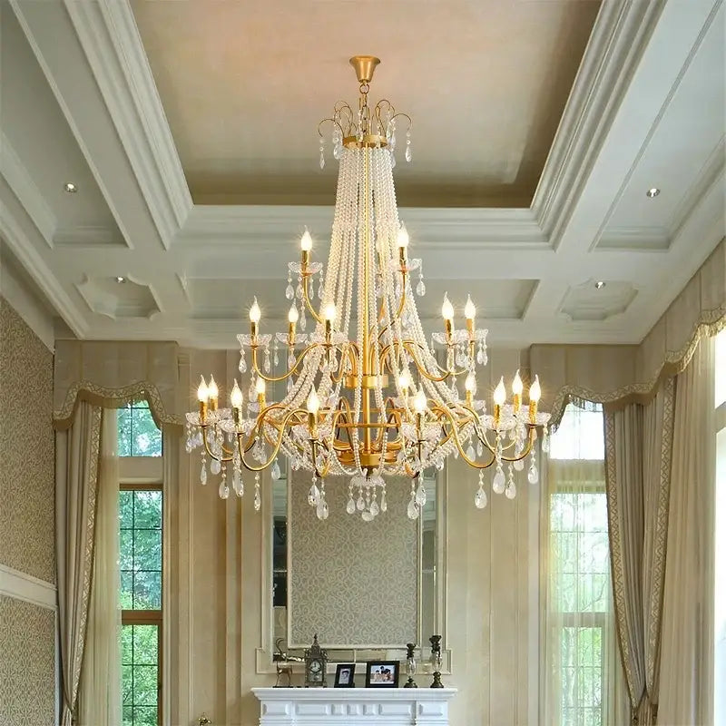 Golden cascading crystal led chandelier pendant light with clear crystal droplets and candle-style bulbs for villa stairs decorbites crystal led