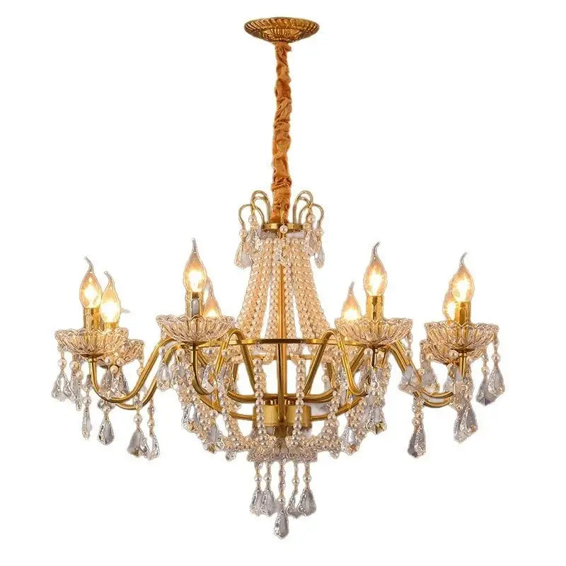Gold-toned decorbites crystal led chandelier with intricate crystal droplets and candle-style bulbs for villa stairs