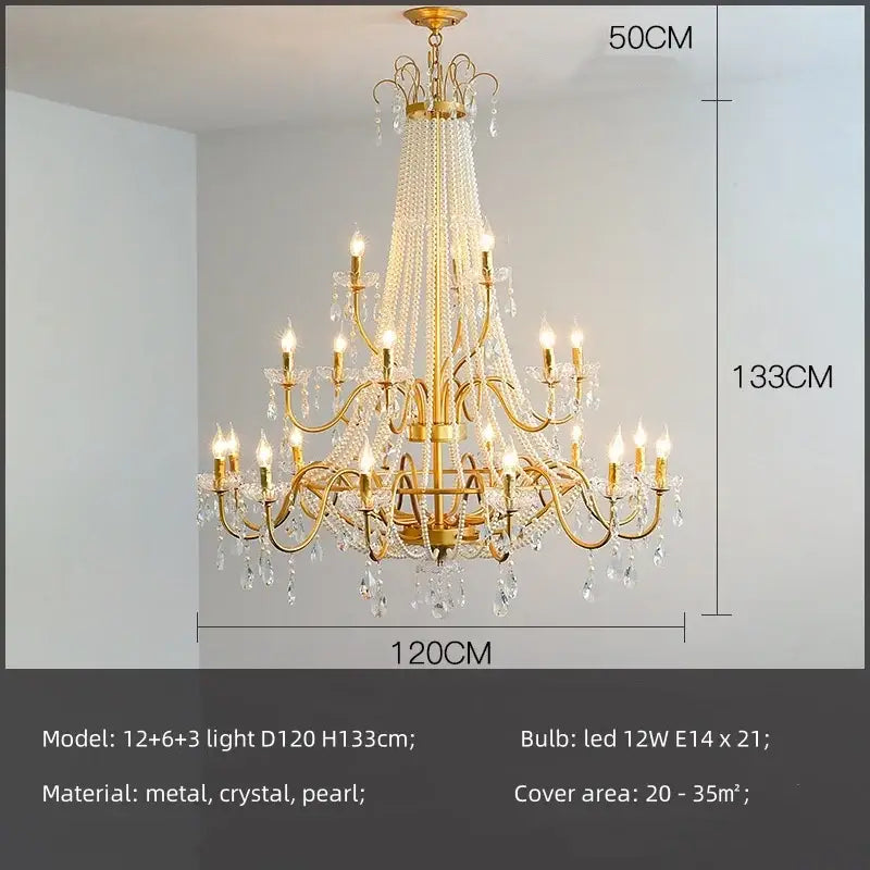 Gold-toned decorbites crystal led chandelier pendant light with intricate metal arms and cascading beads for villa stairs decor
