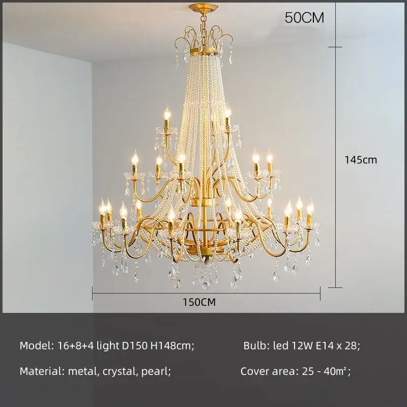 Gold-toned decorbites crystal led chandelier pendant with intricate metal arms and cascading crystal beads for villa stairs decor