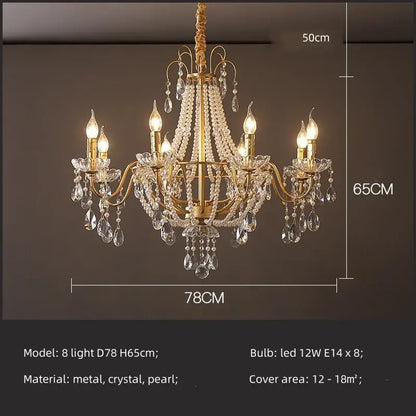 Gold-toned crystal led chandelier pendant with intricate crystal droplets and pearl accents for villa stairs decorbites crystal led