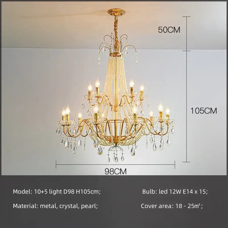 Golden cascading crystal led chandelier pendant light with ornate gold frame pearl accents for villa stairs decorbites crystal led
