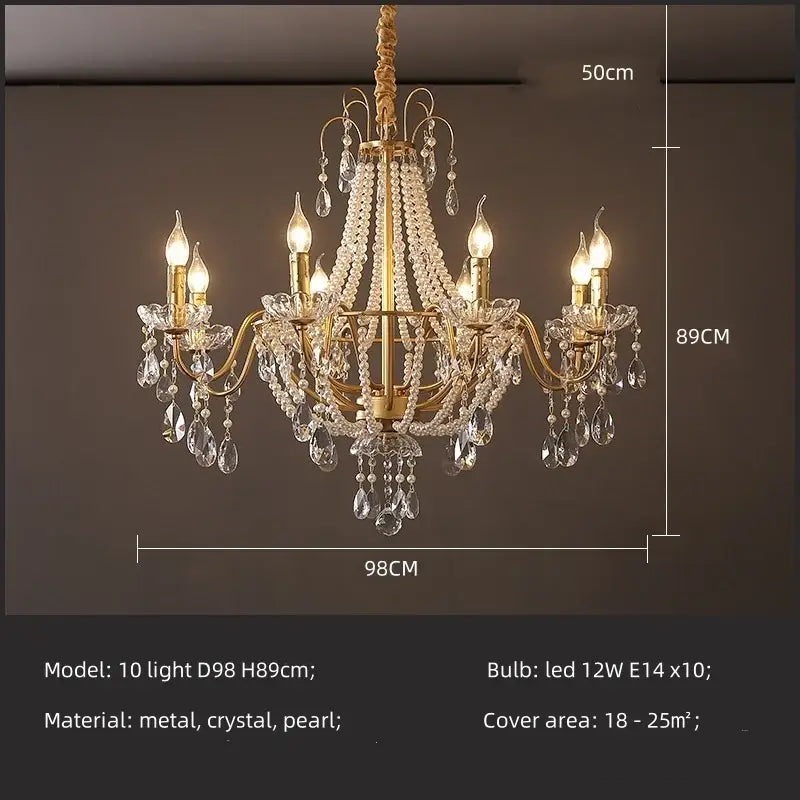 Gold-toned decorbites crystal led chandelier with intricate crystal droplets and pearl accents for villa stairs lighting