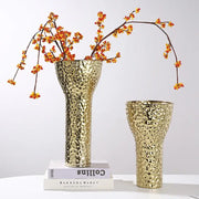 Golden ceramic geometric honeycomb vase with textured hammered surface for modern living room decorbites golden ceramic decor