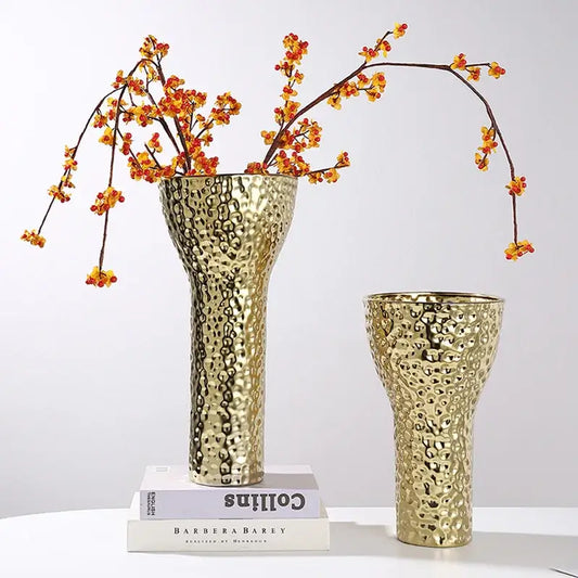 Golden ceramic geometric honeycomb vase with textured hammered surface for modern living room decorbites golden ceramic decor