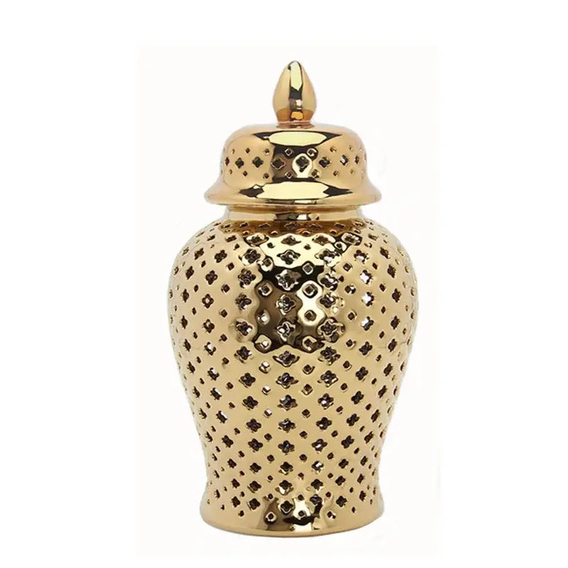 Golden ceramic ginger jar with intricate diamond cutouts and matching lid for home decor and storage by decorbites