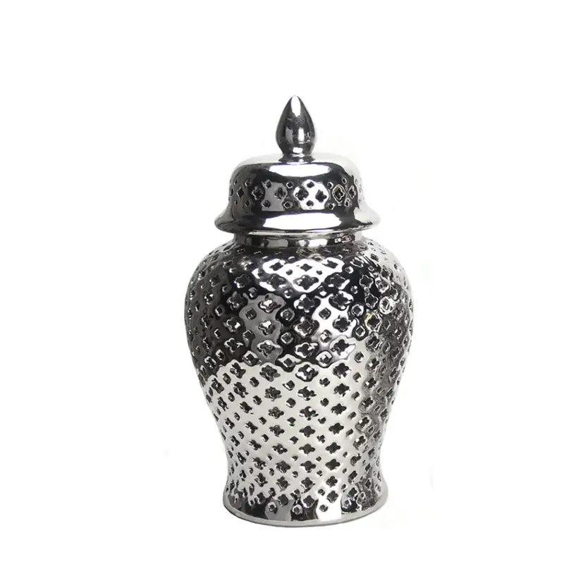 Shiny silver ceramic ginger jar with intricate diamond-patterned perforations and pointed finial for home decor by decorbites golden ceramic
