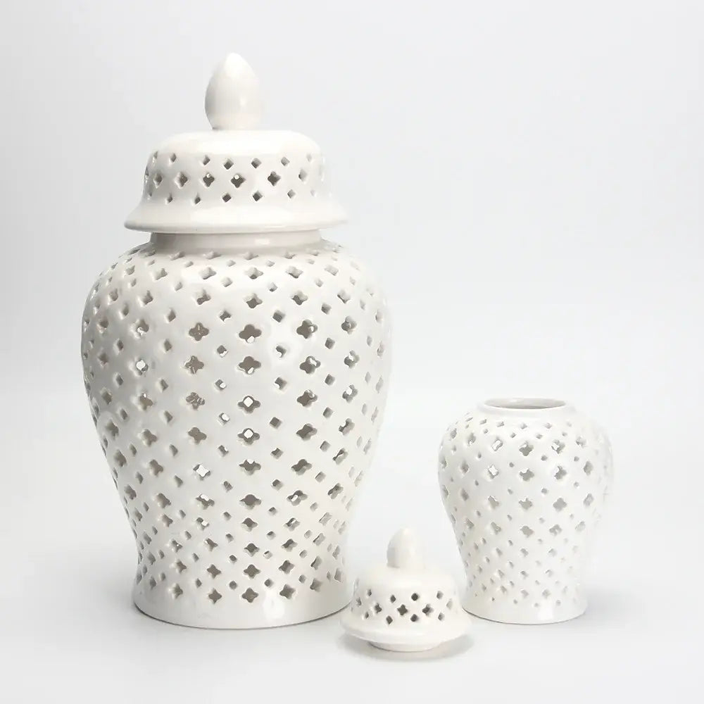 White ceramic ginger jar with lattice pattern and lid for home decor featuring decorbites golden ceramic style
