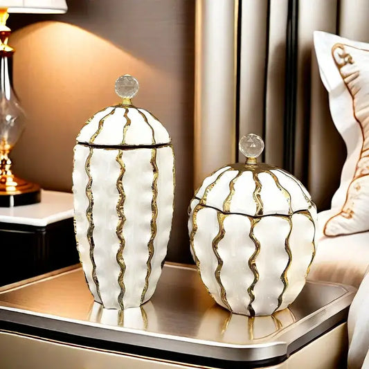 White ceramic decorative jars with gold wavy patterns and crystal knobs decorbites golden checkmate ceramic pot for living room
