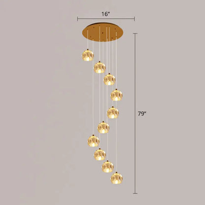 Golden Cluster Pendant Light with Faceted Cut Crystal Ball Design for Stairway Illumination