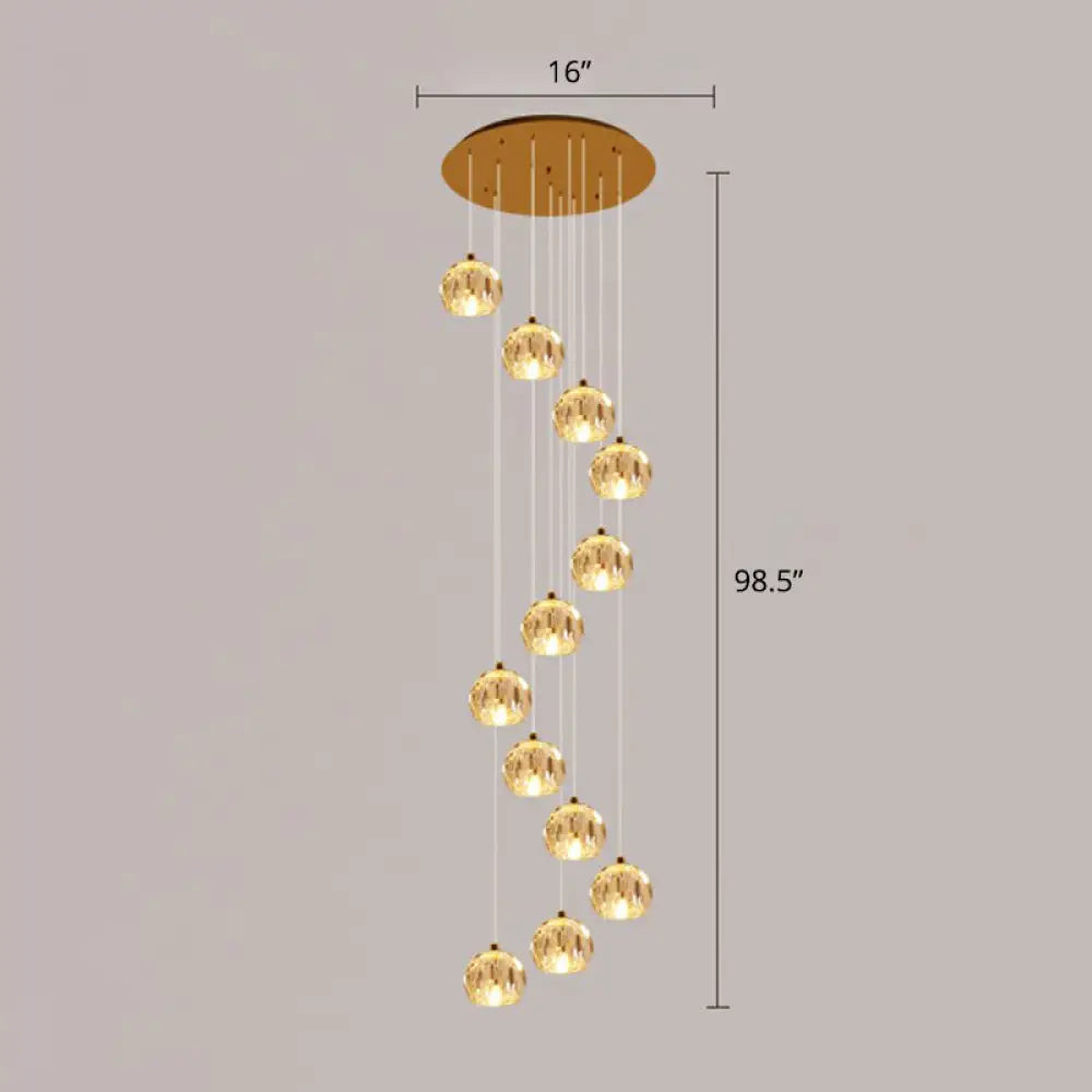 Golden Cluster Pendant Light with Faceted Cut Crystal Ball Design for Stairway Illumination