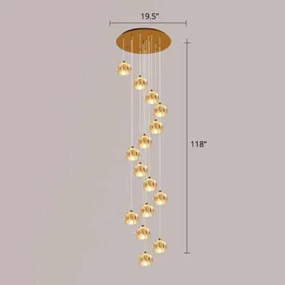 Golden Cluster Pendant Light with Faceted Cut Crystal Ball Design for Stairway Illumination