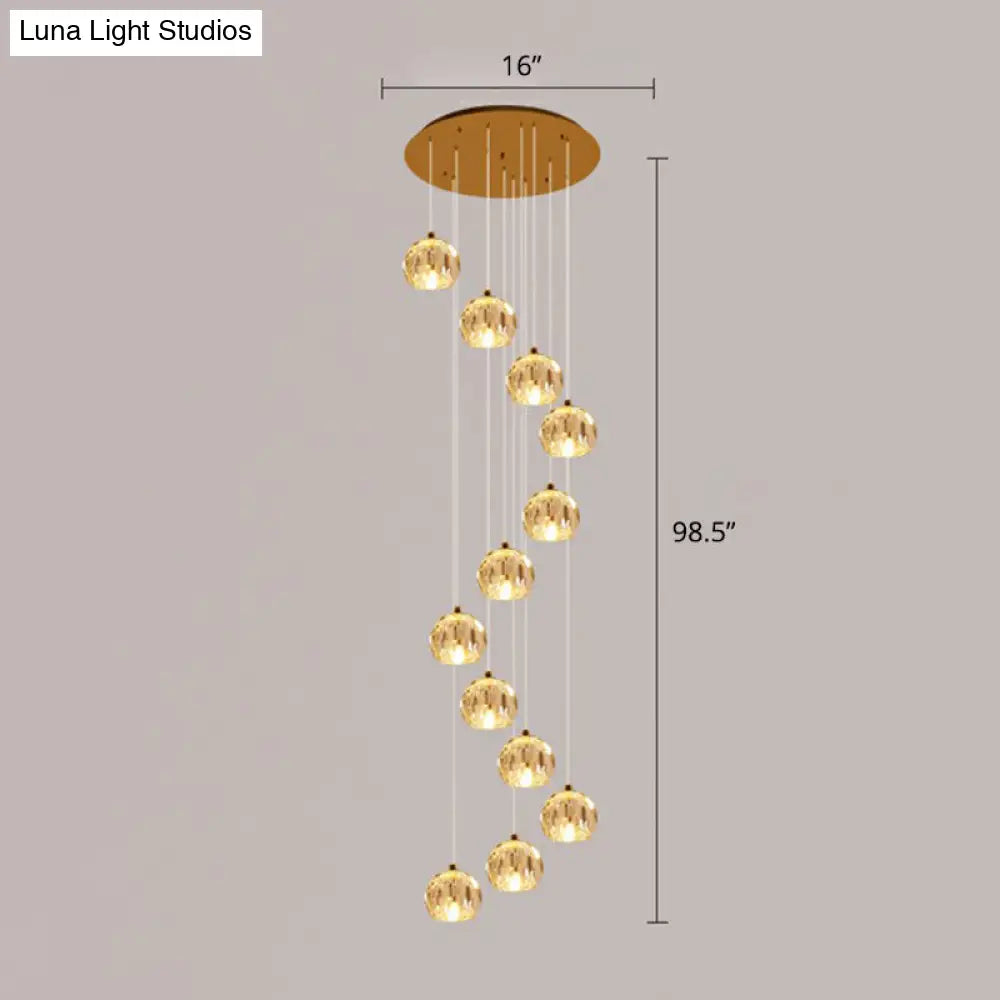 Golden Cluster Pendant Light with Faceted Cut Crystal Ball Design for Stairway Illumination