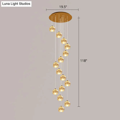 Golden Cluster Pendant Light with Faceted Cut Crystal Ball Design for Stairway Illumination