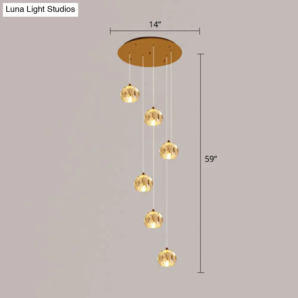 Golden Cluster Pendant Light with Faceted Cut Crystal Ball Design for Stairway Illumination