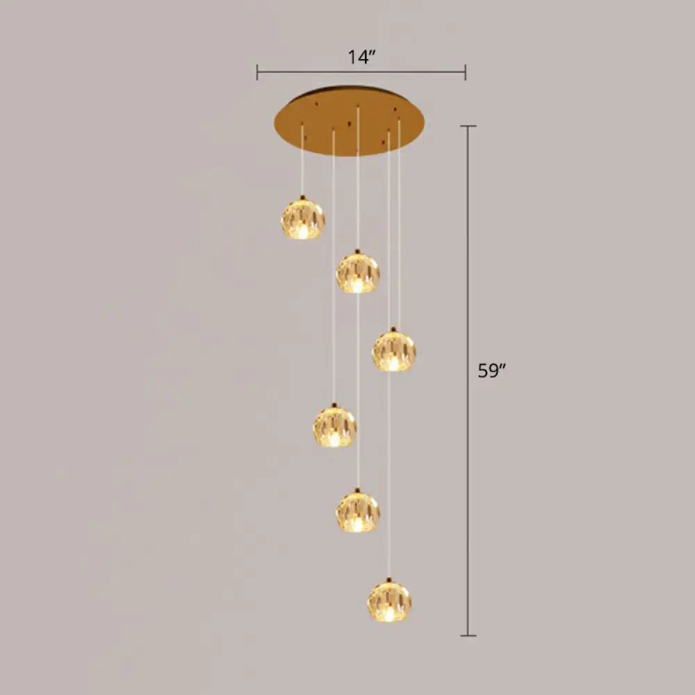 Golden Cluster Pendant Light with Faceted Cut Crystal Ball Design for Stairway Illumination