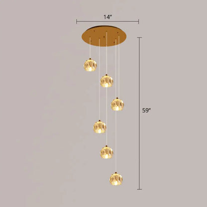 Golden Cluster Pendant Light with Faceted Cut Crystal Ball Design for Stairway Illumination