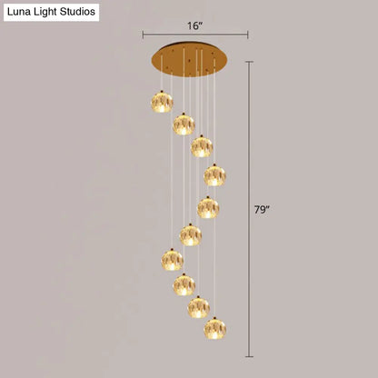 Golden Cluster Pendant Light with Faceted Cut Crystal Ball Design for Stairway Illumination