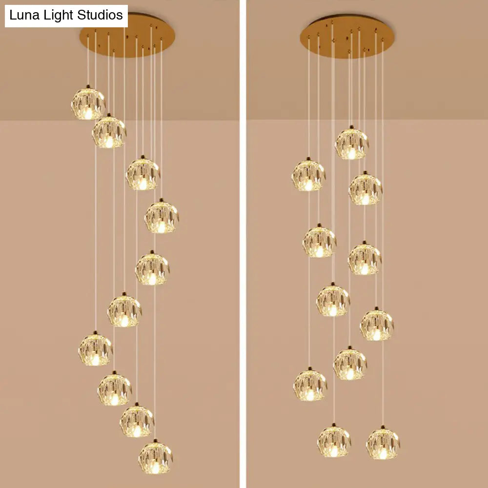 Golden Cluster Pendant Light with Faceted Cut Crystal Ball Design for Stairway Illumination