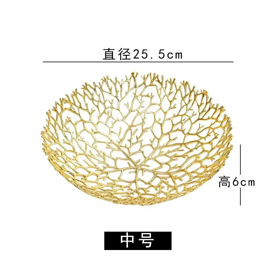 Gold-colored intricately woven metal tray featuring coral shapes decorbites coral shapes design for dining room use