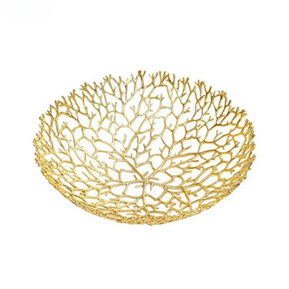 Gold-colored metal tray designed with coral shapes as a dining room fruit bowl by decorbites coral shapes