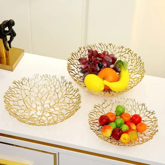 Golden intricately woven metal tray with coral shapes and delicate mesh design for dining room fruit bowl decorbites coral shapes