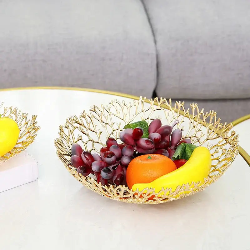 Golden intricately woven metal tray with coral shapes design decorbites coral shapes dining room fruit bowl