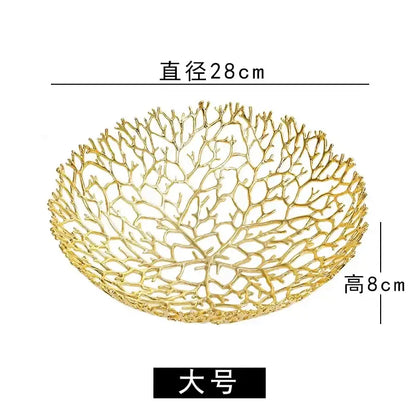 Golden metal tray featuring intricately woven coral shapes decorbites coral shapes fruit bowl 28 cm diameter 8 cm height