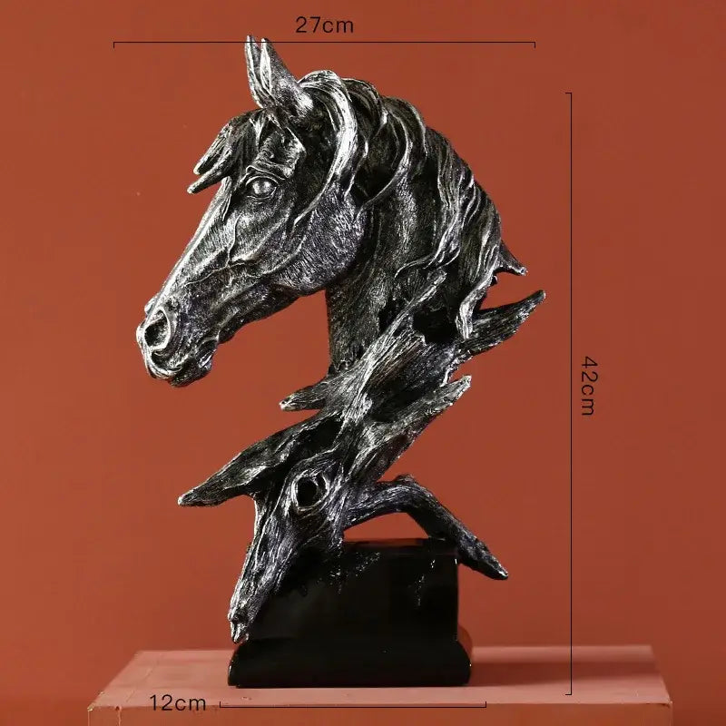 Black and silver resin horsehead figurine with textured lifelike mane on dark base for decorbites country resin decor