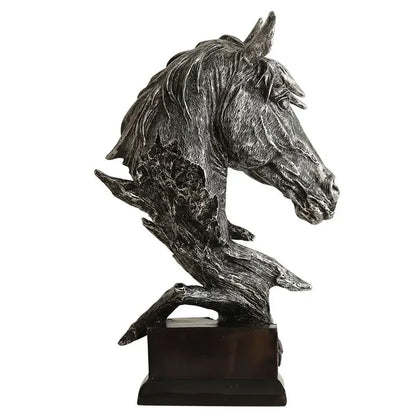 Silver-toned resin horsehead figurine with detailed mane on dark wooden base for decorbites country resin office decor