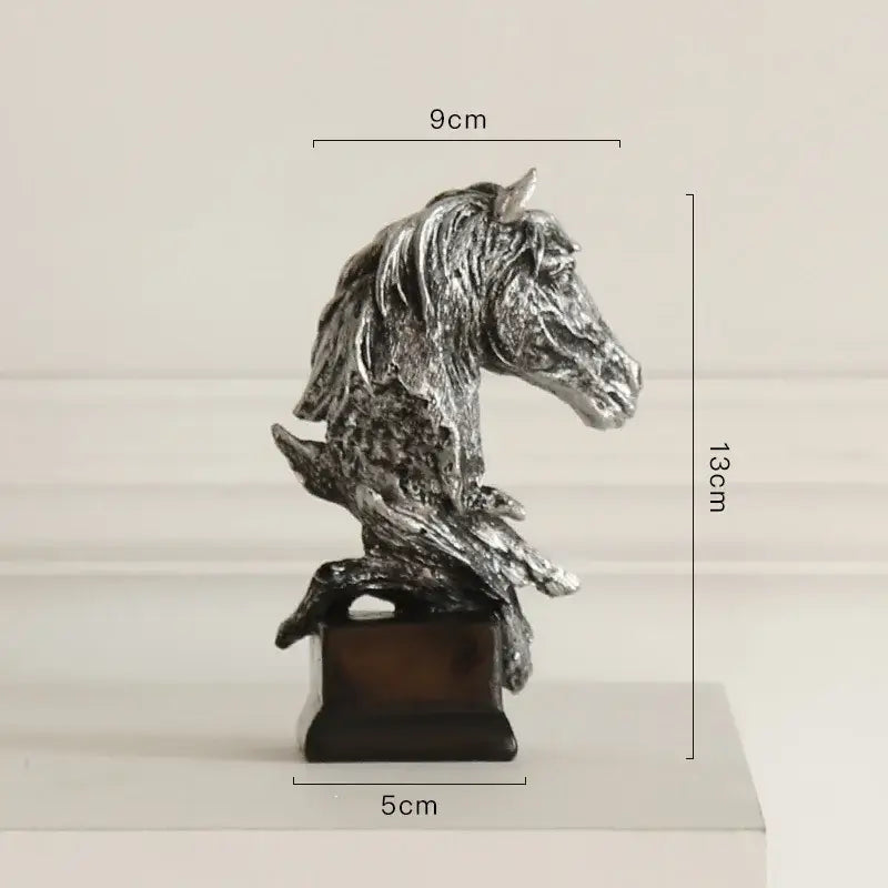 Silver-toned country resin horsehead figurine with textured mane on dark base for DecorBites office decor