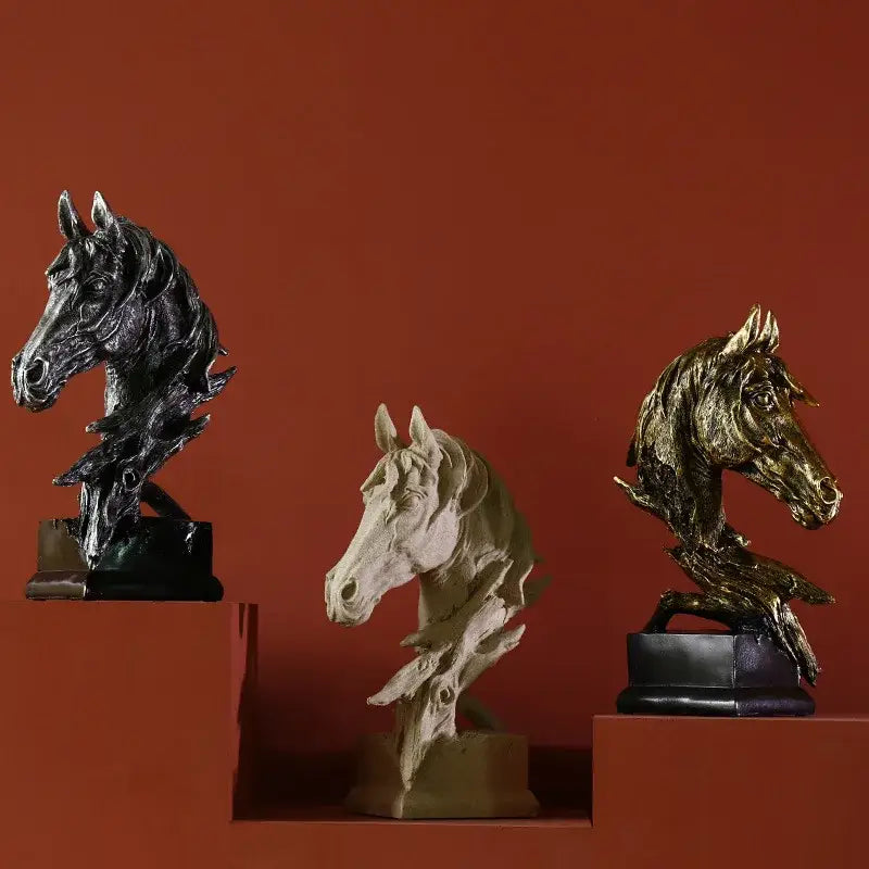 Three country resin horsehead figurines in black, off-white, and gold metallic finishes on dark bases for office decorbites decor