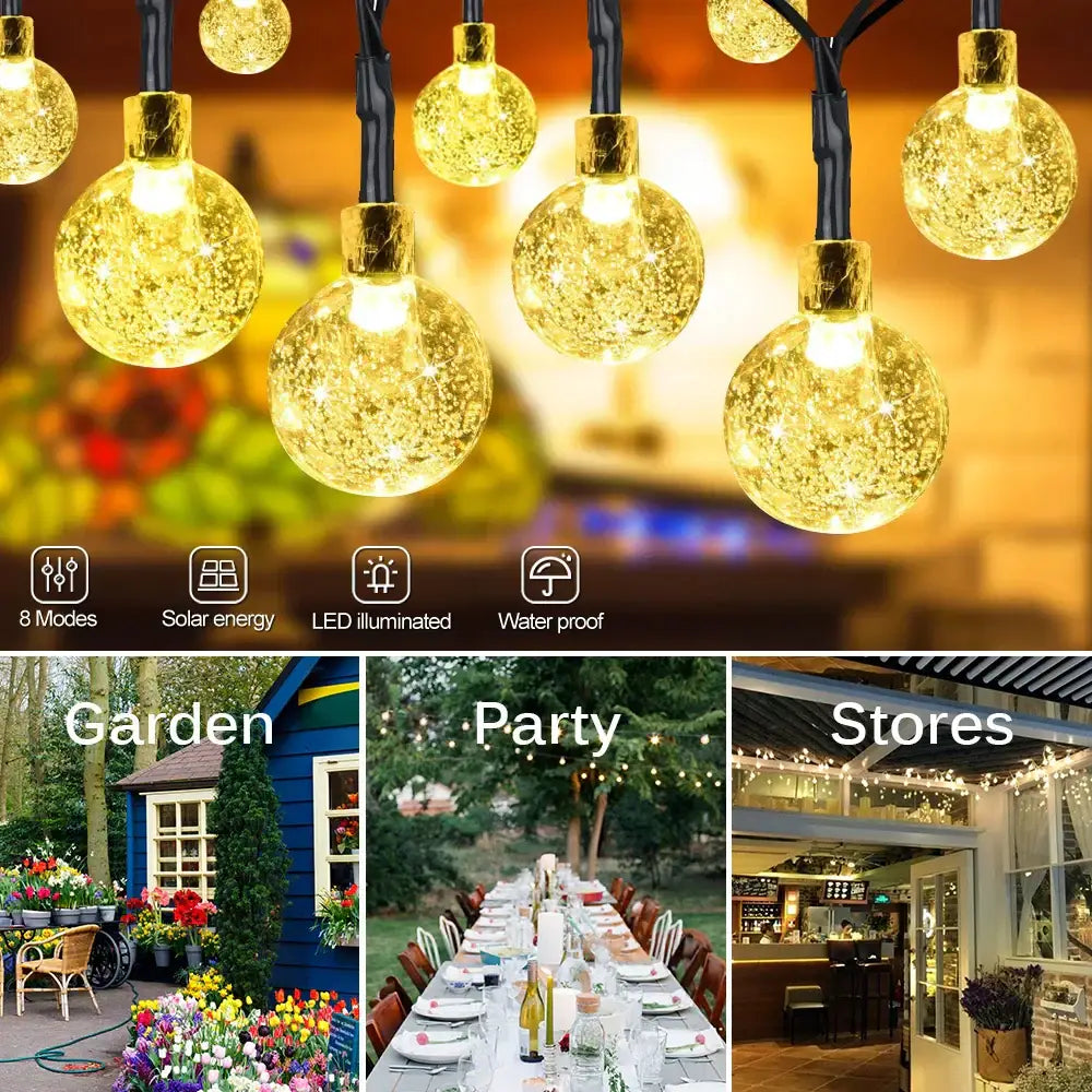 Golden crackled glass crystal ball solar fairy lights with black cords for garden decor and outdoor use