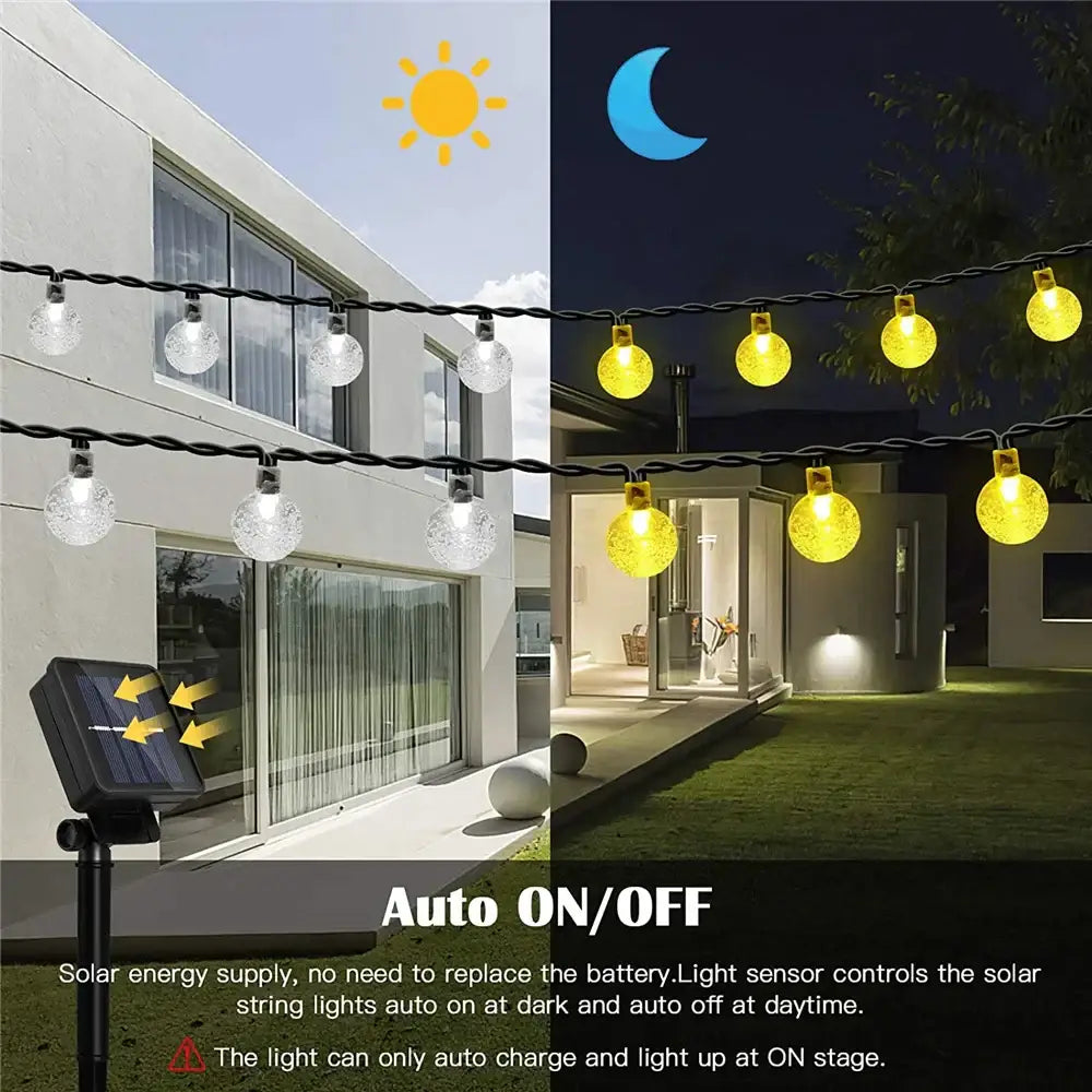 Golden crackled glass crystal ball solar fairy lights with warm glowing clear globe bulbs for garden decor at night