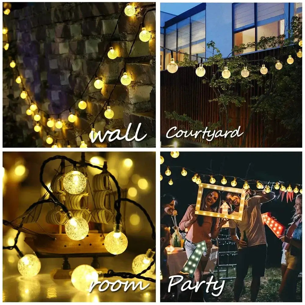Warm golden crackled glass crystal ball solar fairy lights with glowing globe design for garden decor