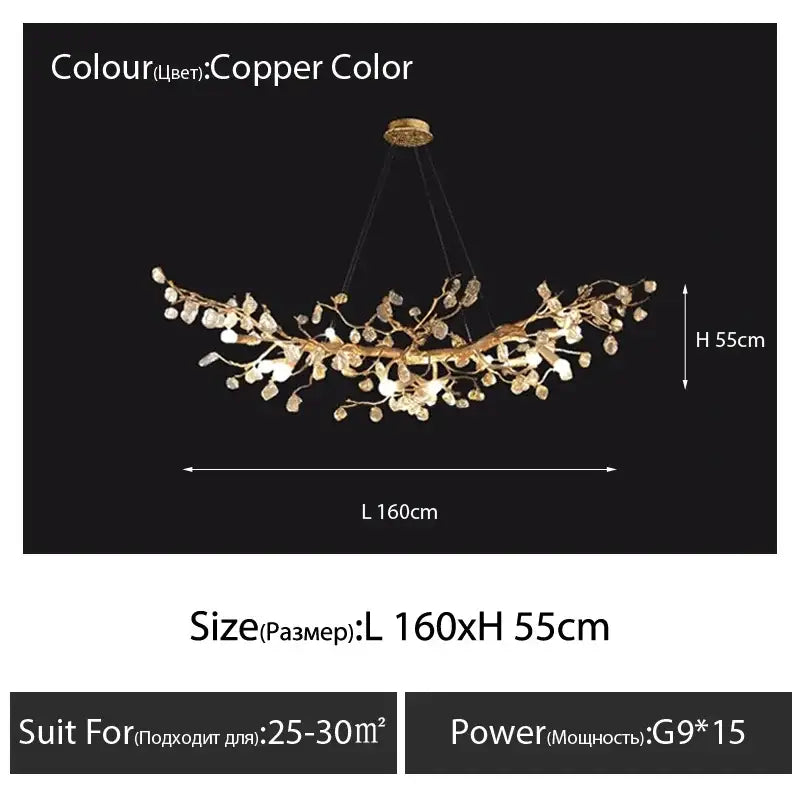 Copper-colored golden crystal branch ceiling chandelier with intricate decorbites crystal branch design for dining room decor