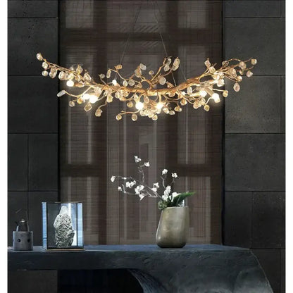 Golden crystal branch ceiling chandelier with clear crystal droplets and embedded lights for dining room decorbites crystal branch